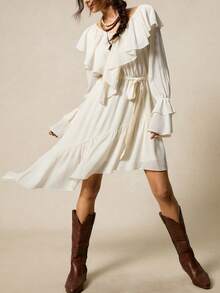 SoleilVie 女士纯色长袖荷叶边连衣裙 - 杏色 - 查看 5