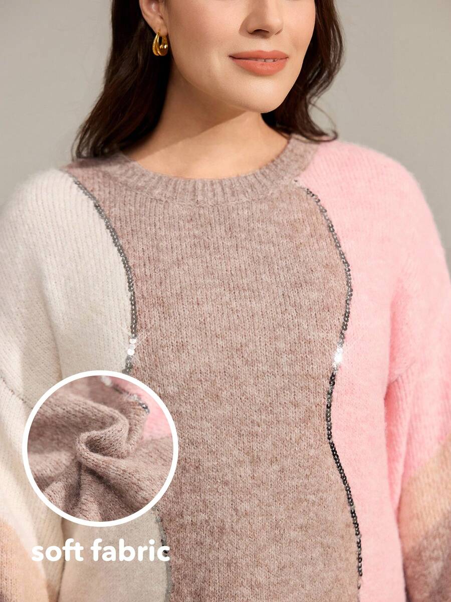 Momelise 新款女式秋冬单件重工串珠拼色高端优雅百搭大码针织套头衫 - 彩色 - 查看 1