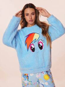 My Little Pony X SHEIN 女士卡通刺绣长袖上衣和印花长裤睡衣套装，蓬松睡衣，女士卡通睡衣，秋冬服装 - 藍色 - 查看 5