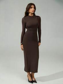 SHEIN Tall Damen Kaffeefarbe Langarm Lässig Kleid, geeignet für urbane Pendler, Geschäft, elegante Party, Halloween, Weihnachten - Braun - Übersicht 5