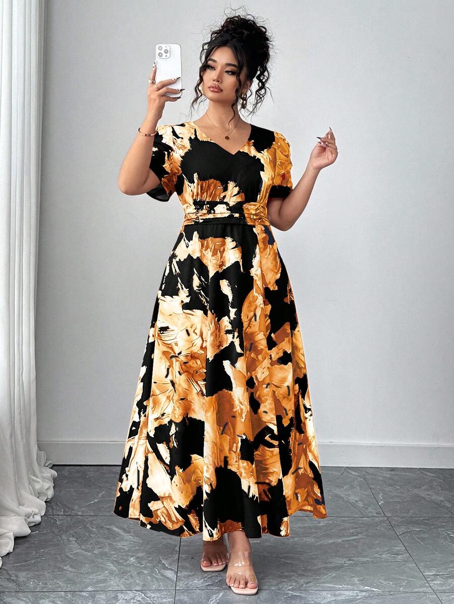 Elenzga Plus Size Elegant Princess Sleeve V-Neck Pleated Dress Cheetah Print Plus Size - Black - View 1