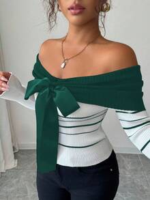 Elenzga Suéter ajustado con hombros descubiertos y diseño de rayas elegante y romántico para mujer - Verde Oscuro - Ver 5