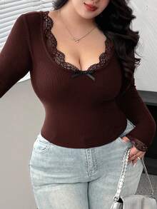 Vibekara Áo thun tay dài dệt kim phối ren chắp vá cỡ lớn dành cho nữ, phù hợp làm lớp lót trong mùa thu/đông - màu nâu - Xem 6