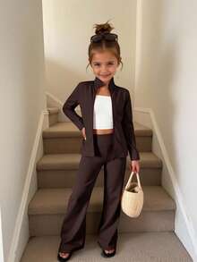 SHEIN Young Girl 2pcs Set Stand Collar Zipper Solid Color Long Sleeve Top And Long Pants,Pint,Great For Casual & Daily Wear & School Daily In Summer & Autumn - Brown - View 7