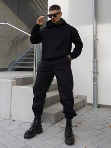 Artur Kramer 2 件男士纯色连帽运动衫和运动裤套装，秋季服装 - 黑色 - 查看 1