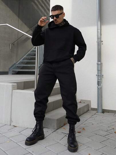 Artur Kramer مجموعة بلوزة هودي وبنطلون رياضي بلون أحادي للرجال، ملابس الخريف