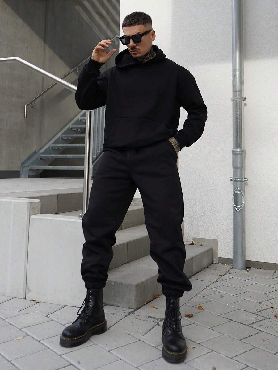 Artur Kramer 2 件男士纯色连帽运动衫和运动裤套装,秋季服装 - 黑色 - 查看 1