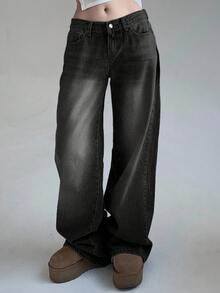 DAZY Quần Jeans Denim Rộng Rãi Có Khóa Kéo Thường Ngày Cho Nữ Dạo Phố - màu đen - Xem 5