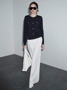 SHEIN Luminelle Áo len cardigan dệt kim trang trí khóa kim loại thời trang mới cho nữ - Màu xanh hải quân - Xem 7