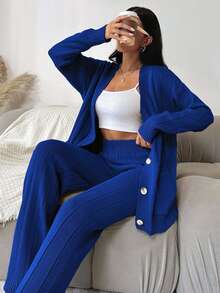 EURMUSE 2pcs Women Solid Color Drop Shoulder Long Sleeve Casual Front Button Knit Cardigan Sweater Set - Royal Blue - View 7