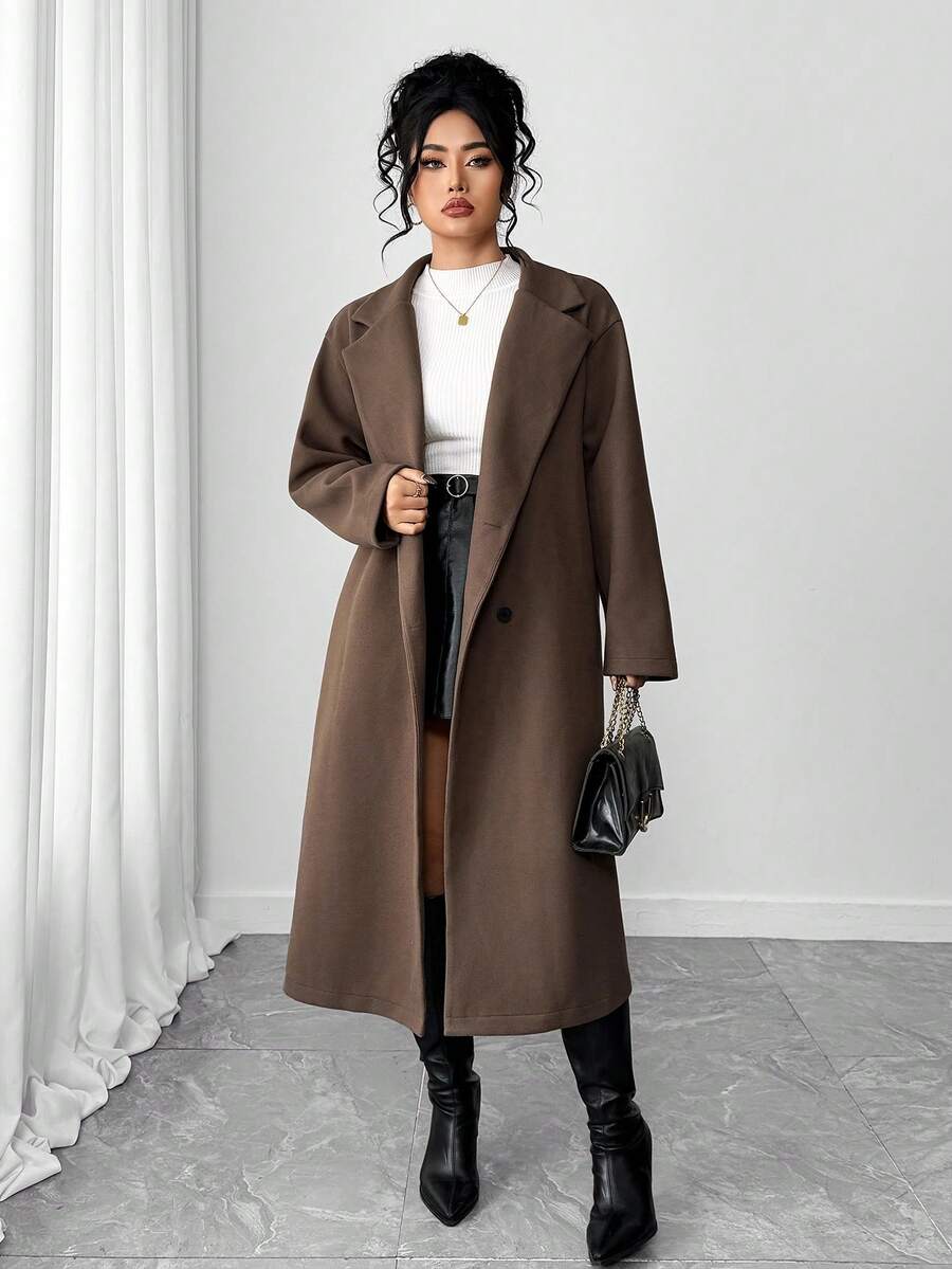 Elenzga Plus Size Solid Color Double-Breasted Woolen Coat, Fashionable For Commuting, Autumn/Winter