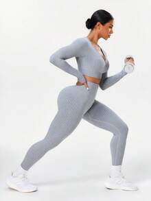 Slayform Women 2pcs/Set Seamless Ribbed V-Neck Long Sleeve Activewear Yoga Running Suit,Athleisure Gym Workout Tights Legging Two Piece Set,Light Grey,Autumn - Grey - View 5