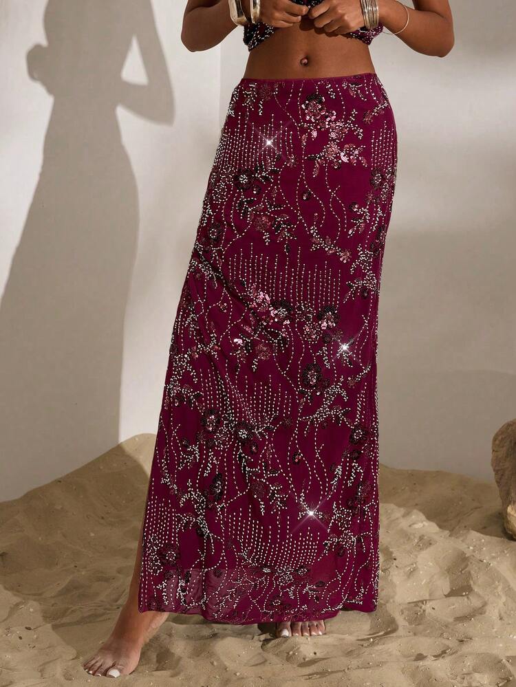 Opulessa Casual Solid Color Embroidered Fish Tail Skirt For Women - Red Violet - View 6