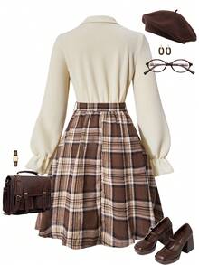 Sparklyn Plaid Patchwork Waist Cinched Long Sleeve Puff Cuff Autumn Dress For Teen GirlBack To School Fall Dress, Suitable For Outings, School, Street, Campus Wear