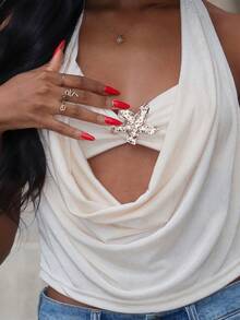 Mima John Women Deep V Neck Knot Front Metallic Flower Decor Sleeveless Bodycon Top - Beige - View 3