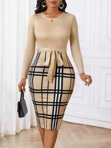 SHEIN Lady Women's Round Neck Long Sleeve Plaid Patchwork Fitted Elegant Mini Dress - Multicolor - View 5