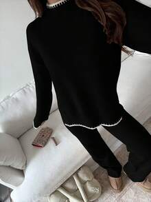 SHEIN Unity 2pcs/Set Women Contrast Trim Stand Collar Sweater And Pants Set, Casual Fall Winter Cloth For Women - Black and White - View 5