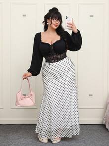 Comfortcana Plus Size Women Lantern Sleeve Lace Patchwork Square Collar Padded Blouse, Romantic For Dates And Parties, Autumn/Winter Black Babydoll Top