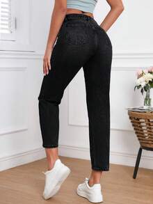 Casual Washed High Waist Tapered Jeans Black - Black - View 2