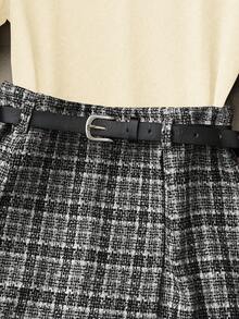 Franclia 优雅女士黑色针织高领紧身衣搭配复古格子修身短裙，配黑色腰带，两件套，秋季 - 米色 - 查看 5