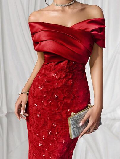 Coutiva Elegant Drop Shoulder Backless Fruit Green Satin Stitching Jacquard Sequin Hem Straight Skirt Back Slit Party Dress, Suitable For Birthday Parties, Daily Gatherings, Prom Dresses, Cocktail Parties, Graduation Ceremonies, School Opening Parties, Etc.