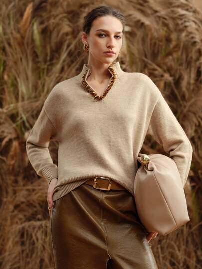 Arave Women's Loose Fit Sherpa Fabric Sweater With Sequins Trim Design, Casual Everyday Wear
