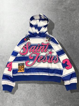 Street Life Herren Buchstaben & Gestreifter Langarm Lässiger Loose Fit Kapuzenpullover