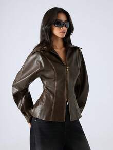 LYSMO 女式纯色长袖拉链腰部收紧 PU 皮革时尚常规夹克 - 棕色 - 查看 5