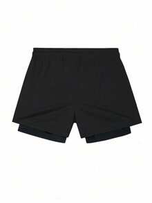 Manfinity Sport Corelite 男士夏季撞色滚边公牛印花插肩短袖T恤和抽绳腰带短裤二合一运动套装 - 黑色 - 查看 3