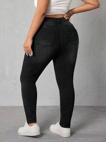 SHEIN ICON 大码女式高腰口袋保暖内衬紧身休闲百搭牛仔裤 - 黑色 - 查看 2