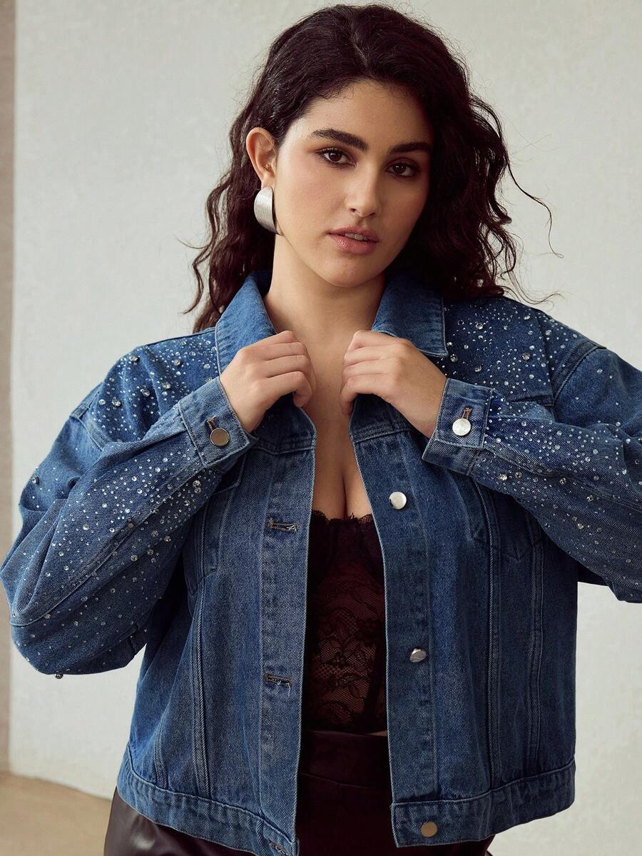 MOTF PREMIUM PLUS RHINESTONE EMBELLISHED FASHIONABLE DENIM JACKET - Medium Wash - View 1