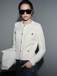 SHEIN Luminelle 女士法式纹理单排扣长袖针织开衫 - 米色 - 查看 6