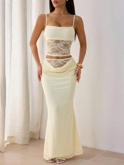 SHEIN PETITE Ladies Summer Lace Stitching See-Through Two Pieces Suit Backless Top + Long Skirt Sexy And Elegant Festival Wear Valentine's Day Dating Wear Music Festival Banquet Light Dress Suitable For Autumn And Winter Inner Wear Cream Two Piece Set Mesh Two Piece Set Lace 2 Piece Set Skirt Top Set Sexy Skirt Set Lace Two Piece Set Beige Two Piece Set