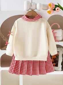 Elladie kids 2件套女婴两件套，格子领拼接长袖卫衣，饰有大蝴蝶结刺绣，格子蝴蝶结袖口，可爱迷人，搭配红白格子百褶裙，甜美活泼，非常适合小女孩。 - 杏色 - 查看 2