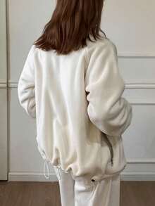 DAZY 女士休闲抓绒卫衣外套，宽松版型，翻领，秋冬女式外套 - 米色 - 查看 2