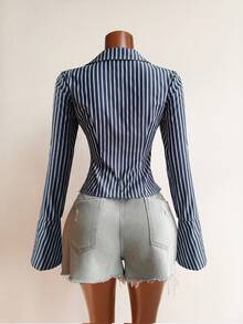 SHEIN Glamour قميص كم طويل بأكمام واسعة مزين بربطة، ملابس خارجية كاجوال وملابس رسمية للنساء، خريف/شتاء