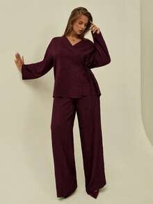 Auralis Plus Size Summer Outfits For Women Vacation Outfits Woman Beach Outfits For Woman Spring Outfits For Women Business Casual Woman Vacation Spring Church Clothes Women Concert Outfit Women Work Clothes Women Old Money Style Women Vacation Outfits Business Casual Modest Concert Outfits 2pcs/Set Asymmetric Neckline Side Knotted Top And Loose Wide-Leg Pants For Plus Size - Burgundy - View 4