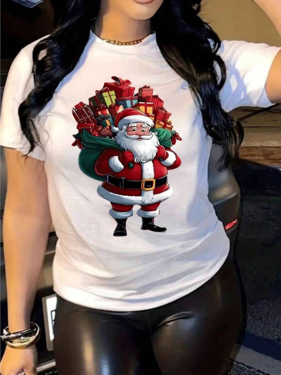 Mujer party camiseta creativa estampado Santa Claus regalos animado divertida holgada cuello redondo manga corta invierno reunión familiar fiesta - Blanco - Ver 1
