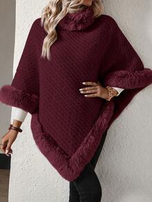EMERY ROSE Fashionable & Elegant Fuzzy Patchwork Poncho Sweater, Autumn/Winter - Brown - View 6
