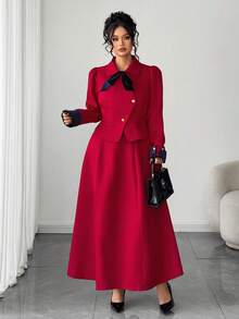 SHEIN Elenzya 2 chiếc váy dạ hội cô dâu màu đỏ, váy ngắn tay dài thanh lịch, cỡ lớn - Đỏ - Xem 4