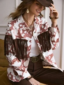 SHEIN LUNE LanaWest Women's Western Casual Denim Jacket With Cowboy Print And Fringe - Brown - View 9