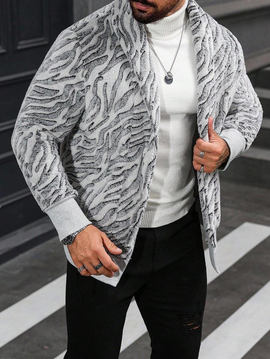 Manfinity Homme 男士斑马纹长袖宽松羊毛休闲夹克，秋冬 - 彩色 - 查看 1