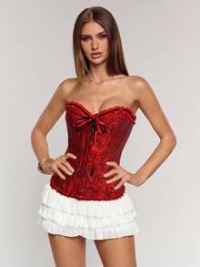 SHEIN BAE 女士花卉提花荷叶边前系带时尚抹胸上衣 - 酒紅色 - 查看 4