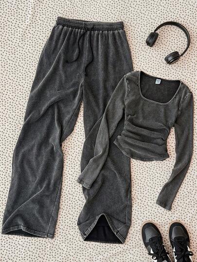 SHEIN 2 st/set tonårsflickor med svart snöflingebroderad rund halsringning och långärmad t-shirt och avslappnade vintage-snöflinge-mjukisbyxor, lämpliga för höst/vinter