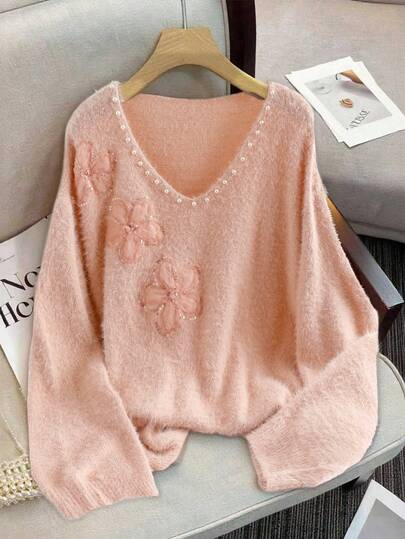 GlowEve CURVE 1 件女式加大码 V 领花卉和珍珠装饰落肩长袖毛绒针织套头衫，适合冬季