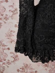 SHEIN ICON Plus Size Black Autumn Elegant Formal Evening Wedding Guest Mini Dress,Y2K Floral Textured Off-Shoulder Flared Sleeve Slim Fit Ruffled Hemline - Black - View 7