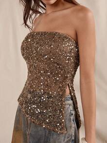 Easelle Women's Brown Sparkling Sequin Stylish Tube Top - Brown - View 5