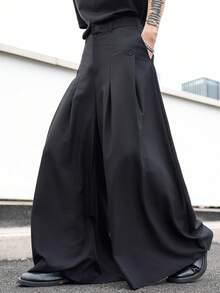 Claim Dot Men's Solid Color Pleated Pocket Wide Leg Loose Casual Pants, Fall - Black - View 7