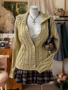 Sunspun Plus Size Women's Collegiate Style Turndown Collar Front Button Knit Cardigan Sweater, Elegant Knit Cardigan Sweater, Suitable For Autumn/Winter Vintage Fall Cloth For Women - Apricot - View 1