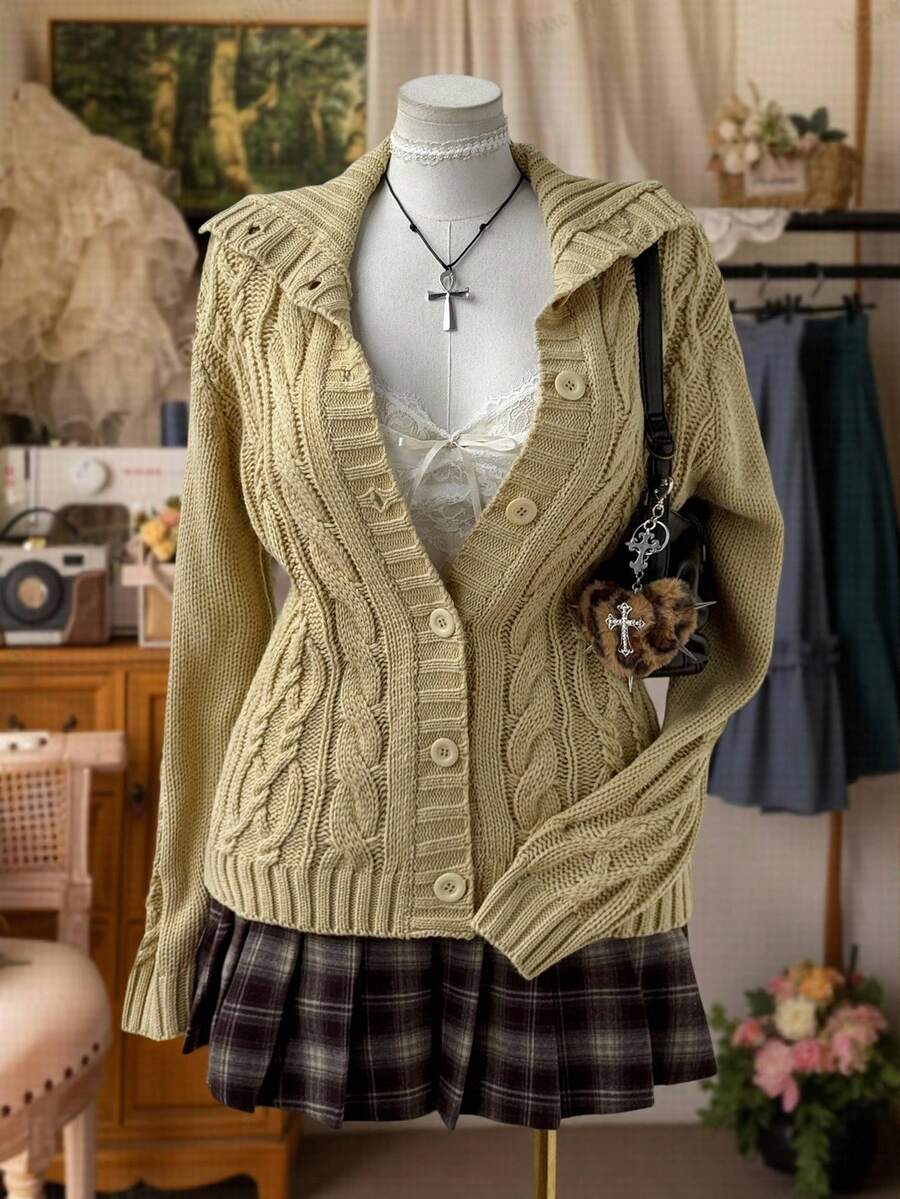 Sunspun Plus Size Women's Collegiate Style Turndown Collar Front Button Knit Cardigan Sweater, Elegant Knit Cardigan Sweater, Suitable For Autumn/Winter Vintage Fall Cloth For Women - Apricot - View 1